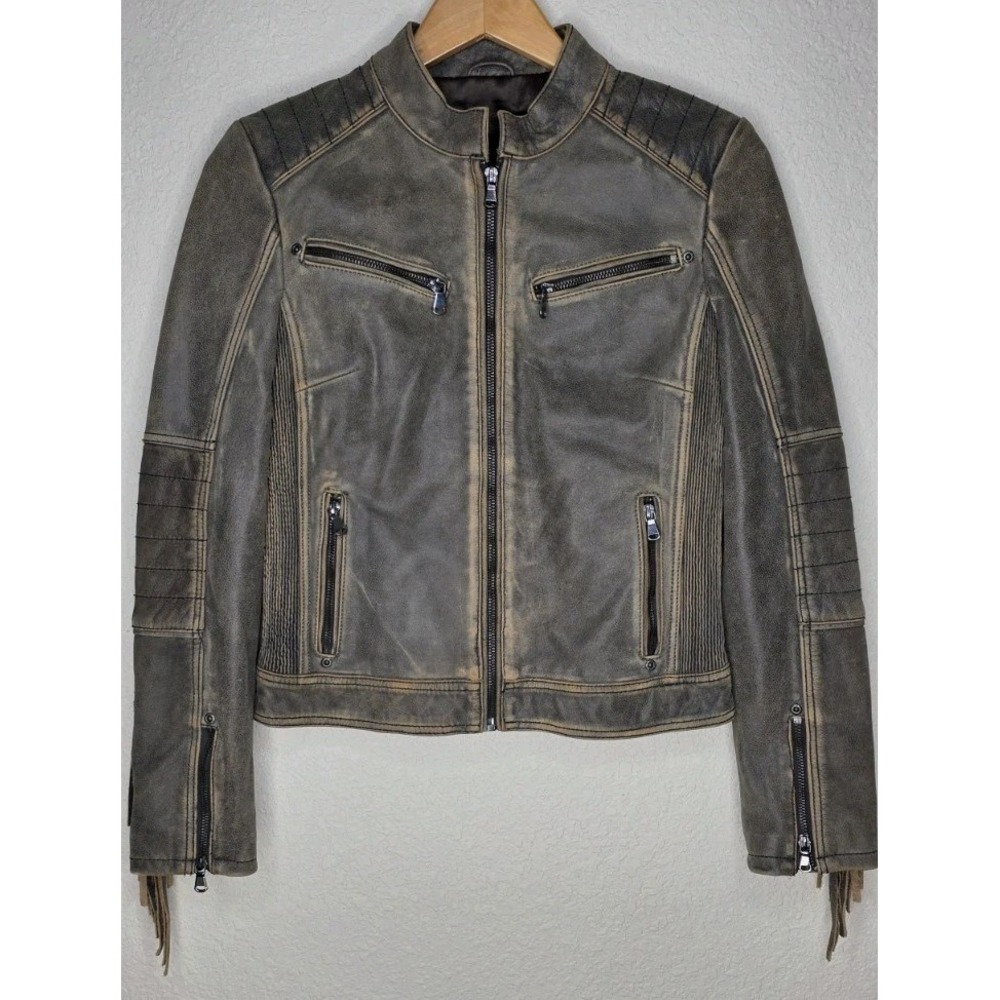 Black Rivet Leather Biker Jacket Distressed Fringe Sleeves Zip Front Moto Riding